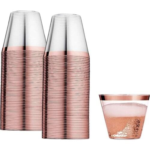 Disposable Rose Gold Edge Hard Plastic Aviation Cup Juice Whiskey Cup Gold Powder Ground Texture Dessert Cup Mousse Cup