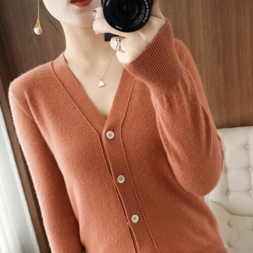 Autumn 100% Wool Womens Cardigan Knitted Sweater Long Sleeve V-Neck Cashmere Cardigans Casual Loose Soft Plus Size Female Coat