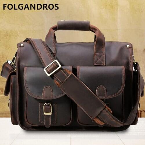 New Genuine Leather Men Business Handbags Crazy Horse Leather Handmade Ducument Briefcases Retro Single Shoulder Messenger Bag