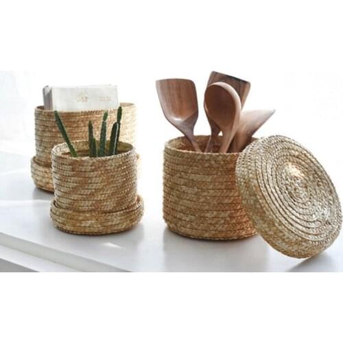 Handmade Straw Woven Storage Basket With Lid Snack Organizer Storage Box Laundry Baskets Rattan Storage Flower Baske