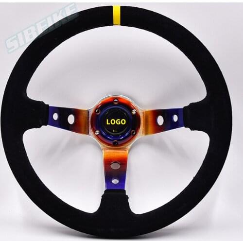 JDM Racing Culture Burnt Blue Color 14Inch Suede Leather Steering Wheel Fit Universal Car