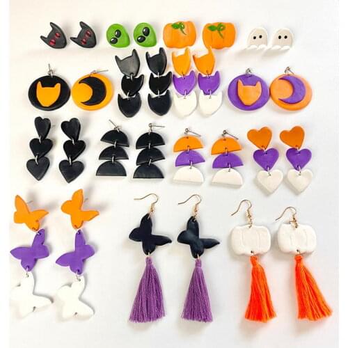 Handcrafted Halloween Motif Polymer Clay Bat Moon Pumpkin Ghost Witch Earrings for Women 2021 New Cute All Saints' Day Gifts