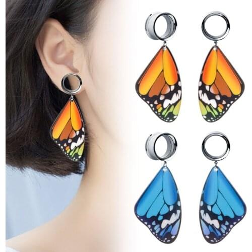 2pieces Stainless Steel Ear Piercing Earrings Ear Plugs Tunnels Butterfly Dangle Ear Expansions Ear Reamer Ear Dilations
