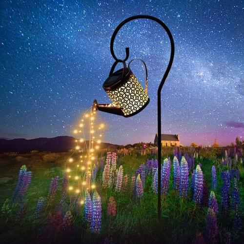 Solar Watering Can Waterfall Lights Garden Outdoor Art Lamps Hollow-out Iron Shower LED String Lights Decoracion Jardin Exterior