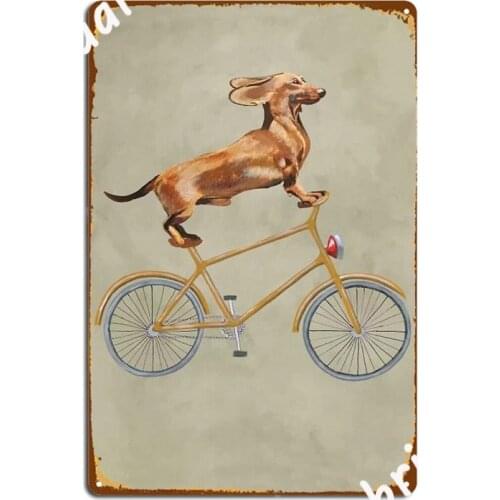 Dachshund On Bicycle Funny Doxie Dog Mom Dad Pet Lover Poster Metal Plaque Garage Decoration Mural Tin sign Poster