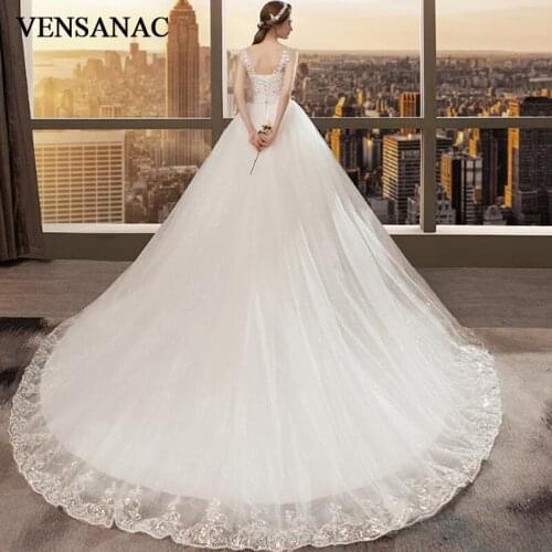 VENSANAC Crystal V Neck Lace Appliques Court Train Ball Gown Wedding Dresses 2018 Bow Sash Backless Bridal Gowns