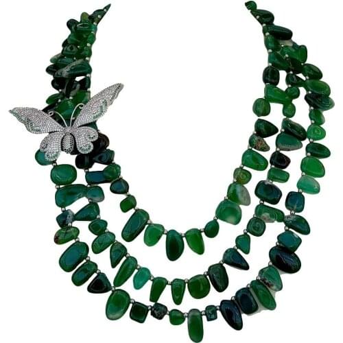 Y·YING 3 Strands Green Agates Cubic Zirconia Pave Butterfly connector Necklace 20"