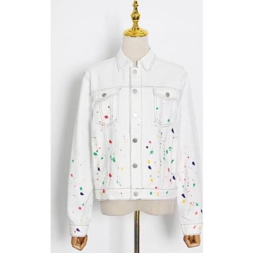 Fashionable Splash-ink Design 2021 Women Solid White Denim Jackets Long Sleeve Spring Autumn Ladies Coats Overcoat Jeans Tops