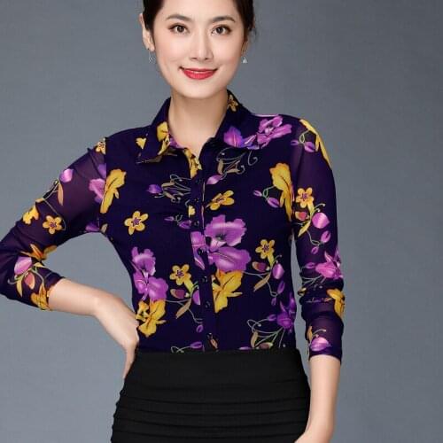 2019 Spring Fall Womens Print Purple Floral Pattern Long Sleeve Mesh Blouse Top , Women Clothes , Woman 4xl Tops And Blouses