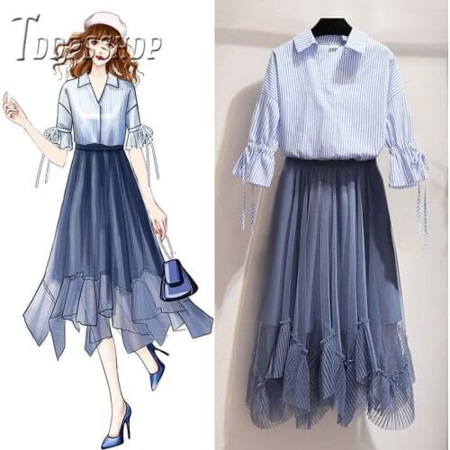 2019 Stripe Blouse And Irregular Skirt Women Sets Autumn Sweet Female Sets