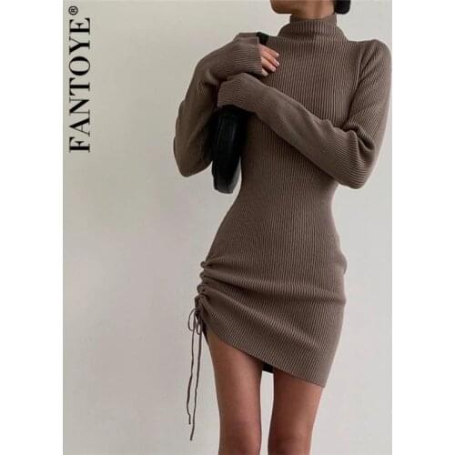 Fantoye Turtleneck Long Sleeve Drawstring Women Dress Green Mini Dress Women Autumn Winter Skinny Solid Streetwear Vestidos 2021