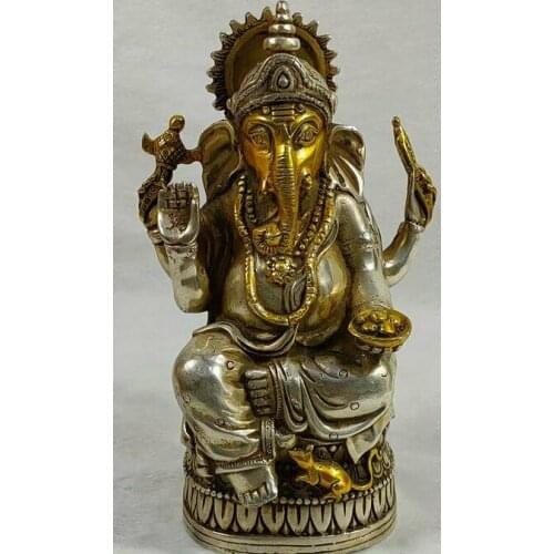 6"Old Tibet Silver Gilt 4 Arms Lotus Elephant Mammon God Buddha Statue
