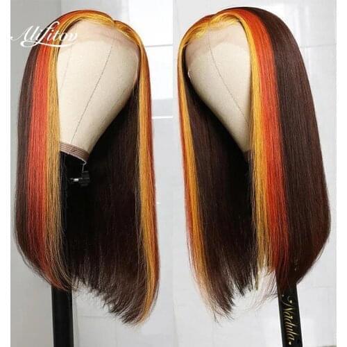 ALIFITOV Yellow Orange Highlights Lace Front Wigs Short Bob Wig Pre-Plucked Straight Human Hair Wigs with Baby Hair For Women