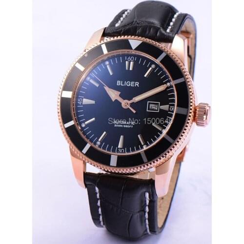 46mm BLIGER Gold stainless steel case Solid bottom cover luminous watch hand automatic mechanical mens Date wrist watches
