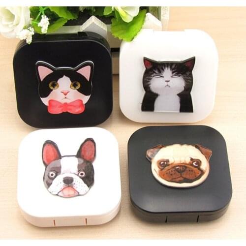 Portable DIY Acrylic Cute Dog Cat Animal Contact Lens Case with Mirror Contact Lenses Box Container for Lenses Travel Kit Holder