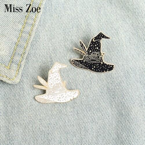 Witch Hat Enamel Pin Black White Wizard Brooch Bag Clothes Lapel Pin Badge Dark Punk Gothic Jewelry Gift for Friends