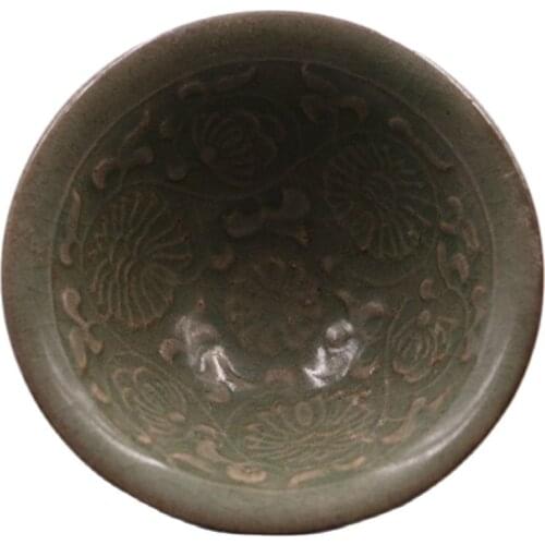 Jingdezhen antique porcelain (song Yaozhou Kiln blue glaze engraved small Dou Li bowl) folk collection