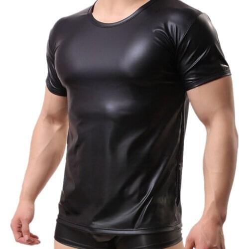 Strong Mens Sexy Faux Leather Black T-shirt Tops Short-Sleeves O-Neck Tops For Male Gay Wear T Shirts Mens Undershirts Tops