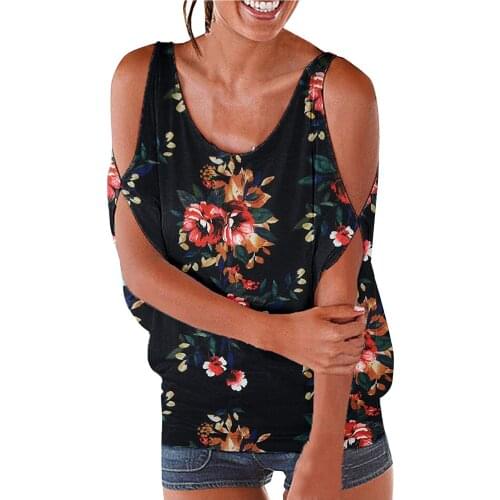 Fashion Flowers Print Blouse Shirt Cold Shoulder O-Neck Tops Summer Casual Ladies Tops Female Women Short Sleeve Blusas Pullover