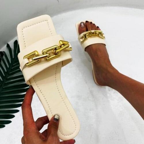 Fashion Women Slippers Square Toe Metal Chain Design Slip On Mules Shoes Flat Red Sandals Ytmtloy Indoor Zapatillas Mujer Casa