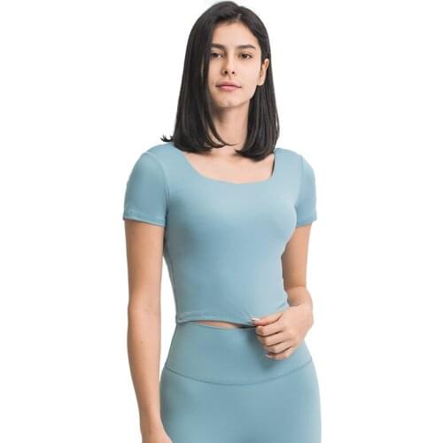 Fitted Shelf Bra Sport Women Fitness Crop Top Short Sleeve Yoga Shirt Cropped Running T-shirts Summer Gym Sportswear Workout Top