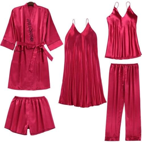FZSLCYIYI 5 Color Women Letter Embroidery Pajamas 5/4/3/2Pcs Satin Sleepwear Silk Homewear Sleep Lounge Pyjama With Chest Pads