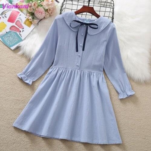Girls Dress Solid Preppy Style Slim Zipper Bow Button Peter Pan Collar Long Petal Sleeve Children Clothes 2021 New Kids Dresses