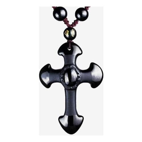Drop Shipping Natural Black Obsidian Carving Crosses Lucky Amulet Pendant Necklace For Women Men pendants Jewelry 52*36mm