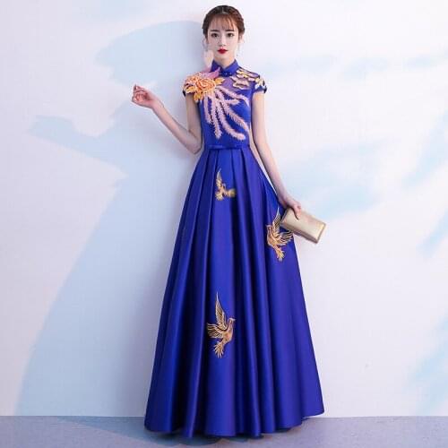 Sexy Lady Backless Dress Embroidery Chinese Style Elegant Women Cheongsam Blue Party Prom Gown Large Size