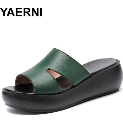 YAERNI Retro women genuine leather wedge heels slippers thick sole Peep toe platform outside 2020 summer slides casual ladies