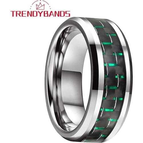 Green Black Carbon Fiber Inlay Tungsten Rings For Men Women Wedding Band Beveled Edges Comfort Fit