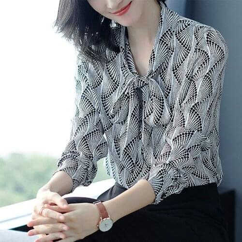 Women Spring Summer Style Chiffon Blouses Shirts Lady Casual Bow Tie Collar Long Sleeve Chiffon Blusas Tops ZZ0553
