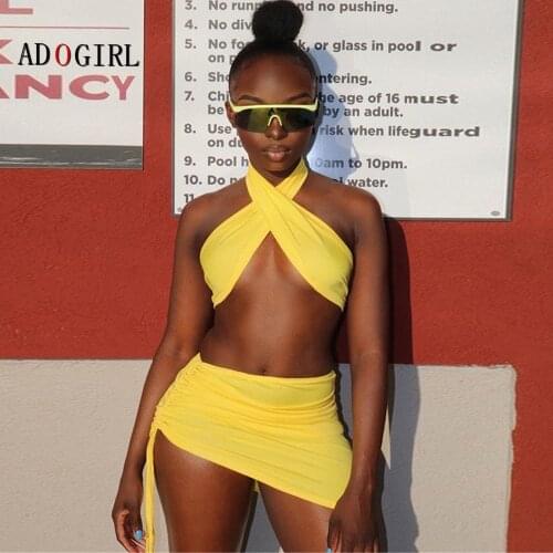 Adogirl Women 2 Pices Set Summer Halter Sleeveless Crop Top And Mini Skirt Outfit Solid Bodycon Matching Set Streetwear Suits