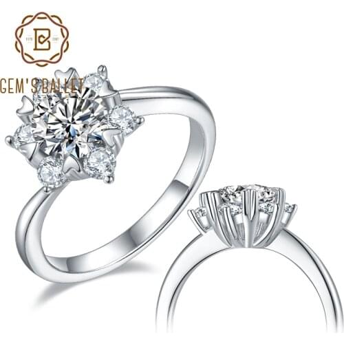 GEMS BALLET 925 Sterling Silver Moissanite Engagement Ring 1Ct D Color Round Moissanite Snowflake Halo Ring For Women Wedding