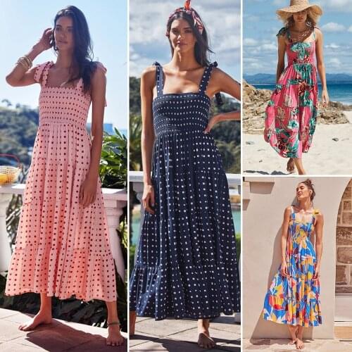 Female Sleeveless Dress Spaghetti Strap Maxi Beach Colorful Loose A-Line Square Neck Holiday Women Sundress D30