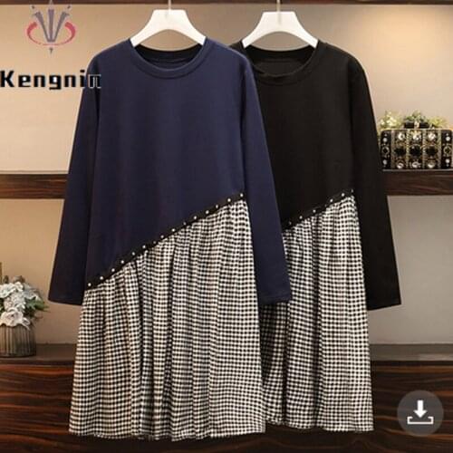 2021 Autumn Winter Loose Oversized Woman Dresses Plaid Patchwork Black Color Ladies T-Shirts Dress Female Robe Clothing KE1781