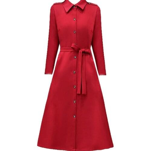 Spring and Autumn new long-sleeved dress lapel ladies temperament was thin single-breasted long section of high waist dress