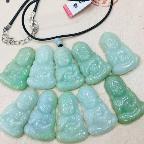 Zheru pure natural Jadeite carved light green Buddha pendant with green beads leather rope necklace Send A-level certificate