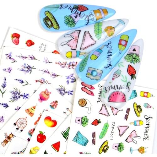 1 Sheet NEW Cute Cartoon Nail Stickers Flower Leaf Transfer Sliders For Nails Fruit Animal Water Decals Anime Watermark Tattoo