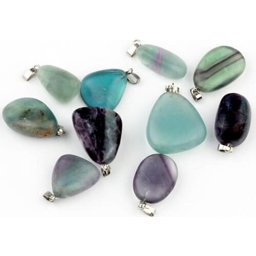 10 pcs Natural Striped Fluorite Pendants Irregular Tumbled Stone Pendants Purple Green Healing Crystal Reiki Chakra Size Random