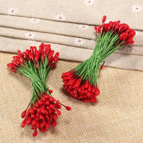 100Pcs Red Berries Artificial Flower Double Heads Green Wire Flower Stamens Craft Wedding Festive Party Bouquets DIY Decoration