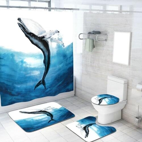 Bathroom Shower Curtain Hook Set 4Pcs 3D Ocean Whale Seahorse Mermaid Design Waterproof Anti-Skid Rugs Toilet Lid Cover Bath Mat