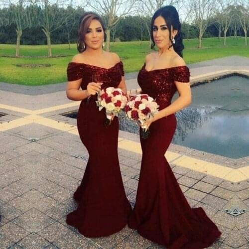 Angelsbridep Off-Shoulder Mermaid Bridesmaid Dresses Vestidos De Festa Bing Bing Sequined Court Train Formal Prom Party Gown