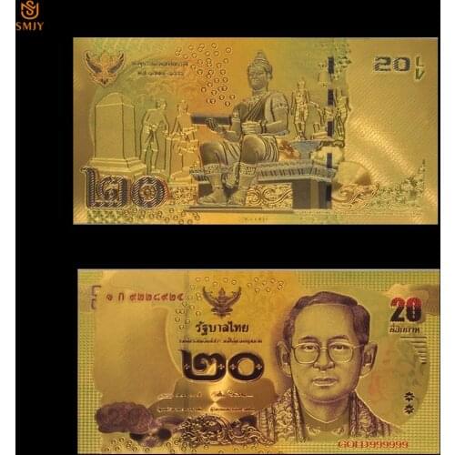 Thailand Gold Foil Bank Bill 20 Baht Currency in 24k Gold Banknotes Paper Money For Collection