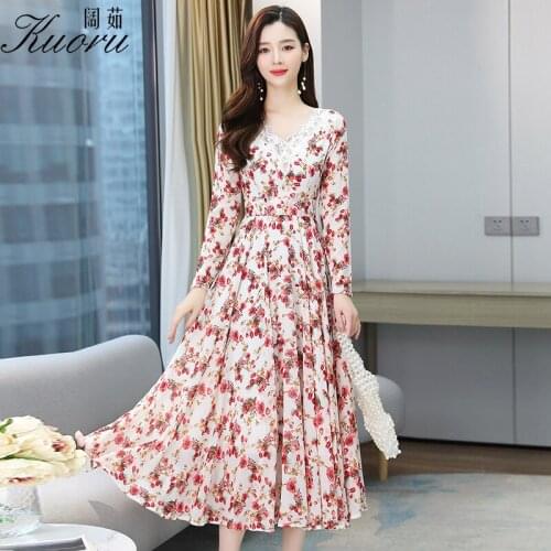 White Autumn Women Long Sleeve Dress Chiffon Vestito Floreale Casual Maxi Size M-4XL Robe Boheme Black Femme Chic Lace Vestidos