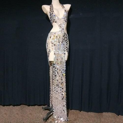 Sparkly Singer Mirror Rhinestone Hollow Long Evening Dress Birthday Celebrate Wedding Party Costume Women Dancer Latin Dress