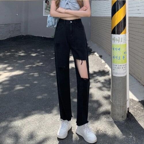Harajuku Black Ripped Hole Denim Pants Women Ankle-Length Pants Vintage Y2k High Waist Loose Wide Leg Trousers Boyfriend Jeans