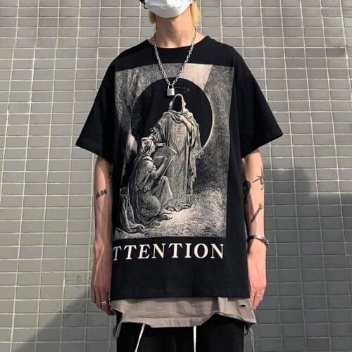 Summer Street Style Our Lady and the Death T Shirt For Men Hip Hop Loose Short Sleeve Cotton Tee Streetwear