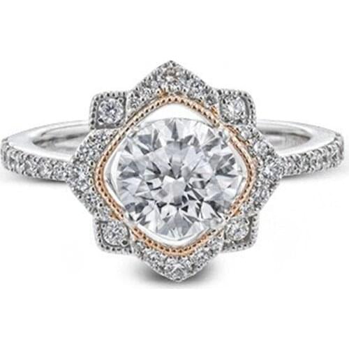 Fashion Geometric Two Tone Rings Retro Romantic Flower Inlay Shiny Zircon Dainty Jewelry For Women Wedding Anniversary Gifts