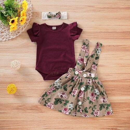 Kid Casual Summer Clothing Set 100% Cotton 3pcs Baby Toddler Girls Kids Overalls Skirt +headband+romper Clothes Outfits